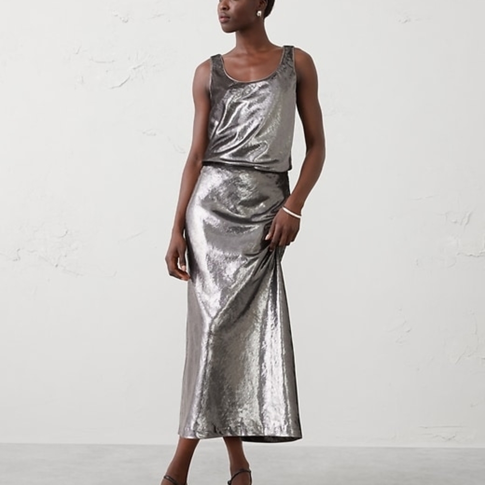 Banana Republic Factory Metallic Silver Midi Skirt
